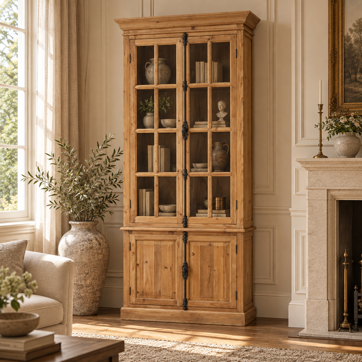 Beaumont tall pine wood display cabinet with glass doors and lower cupboards in a sunlit room with fireplace and tall windows.