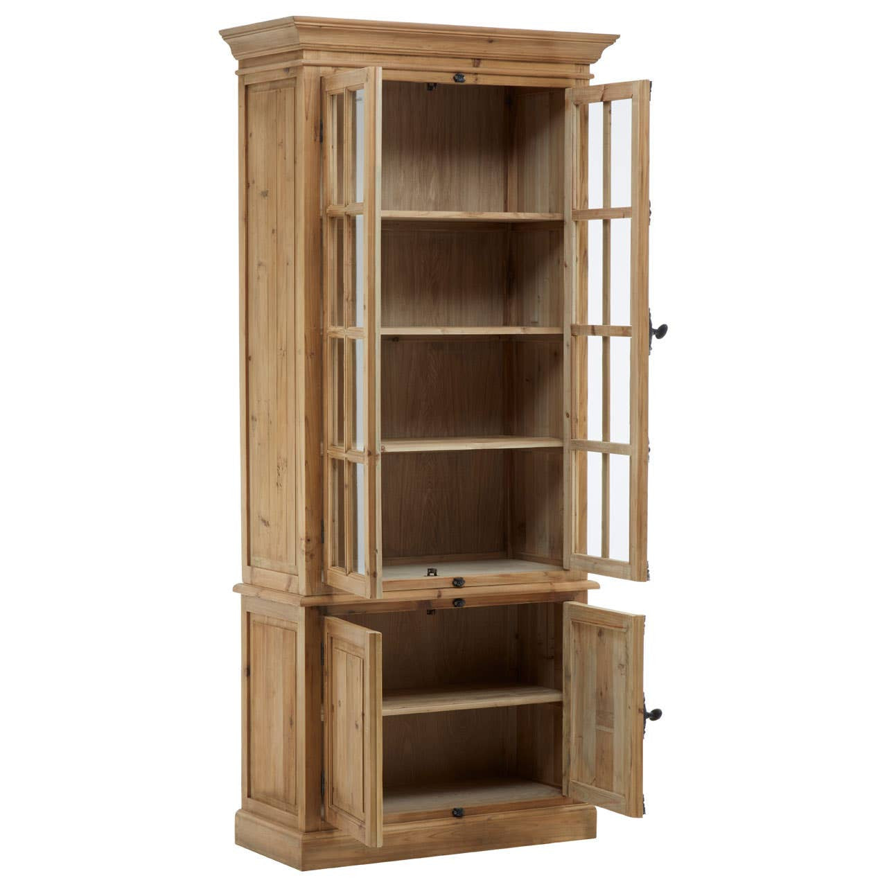 Beaumont Tall Pine Wood Display Cabinet with Glass Doors & Lower Cupboards shown with all doors open, revealing generous display shelving, spacious interior storage and concealed lower cupboards in solid pine wood.