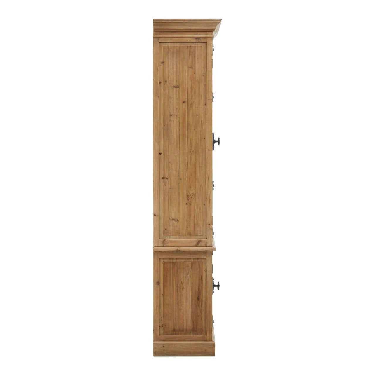 Side profile of the Beaumont Tall Pine Wood Display Cabinet with Glass Doors & Lower Cupboards highlighting the solid pine side panels, substantial cabinet depth, moulded cornice and handcrafted construction.