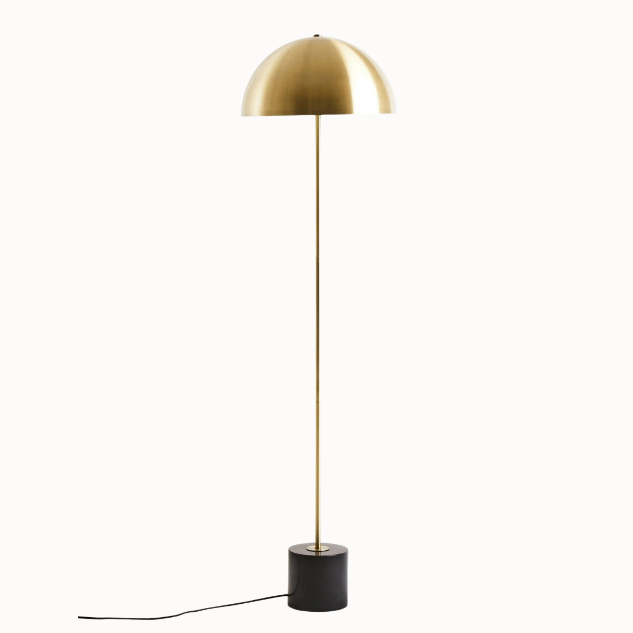 Benoît 150cm brushed brass dome floor lamp with black marble base on a plain white background.