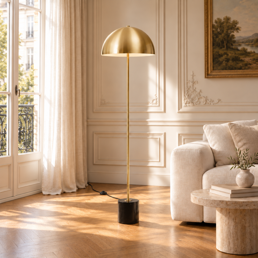 Benoît 150cm Brushed Brass Dome Floor Lamp with Black Marble Base