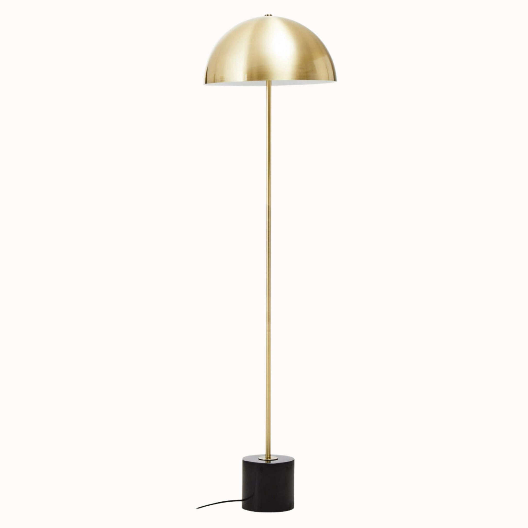 Benoît brass floor lamp with dome shade and black marble base on a plain white background.