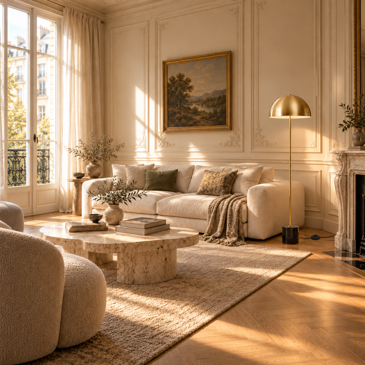 Benoît 150cm brass dome floor lamp in a bright cream living room with sofa, fireplace and parquet floor.