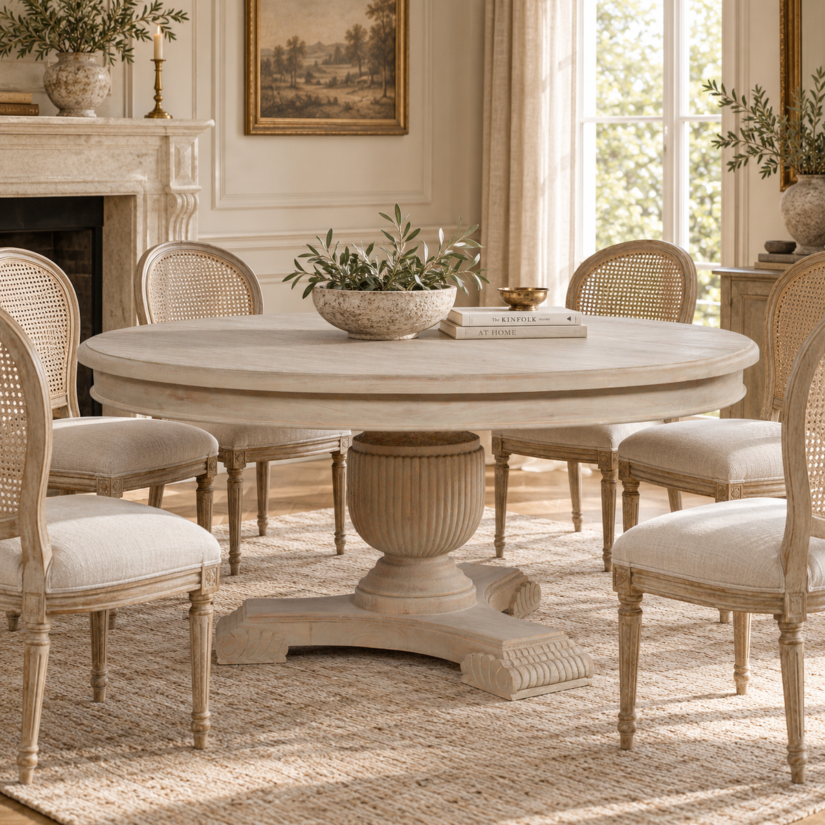 150cm round rustic white cedar dining table with pedestal base in a classic dining room with cane chairs and fireplace.
