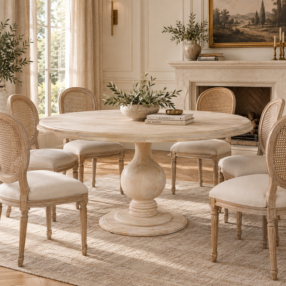 152cm round bleached mango wood pedestal dining table for 6 in a sunlit dining room with cane chairs and fireplace.