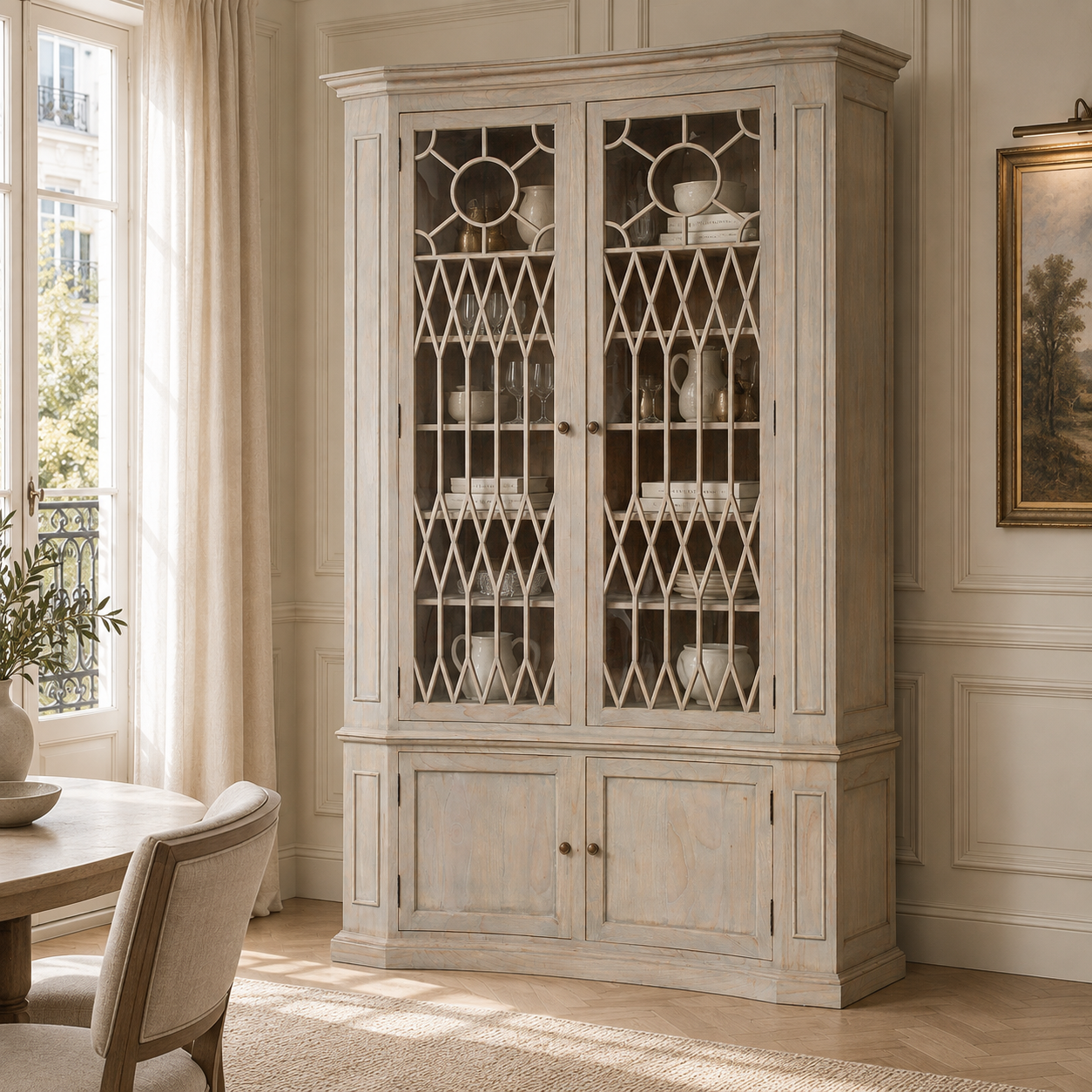 Camille 159cm white cedar display cabinet with decorative glass doors in a sunlit Parisian dining room.