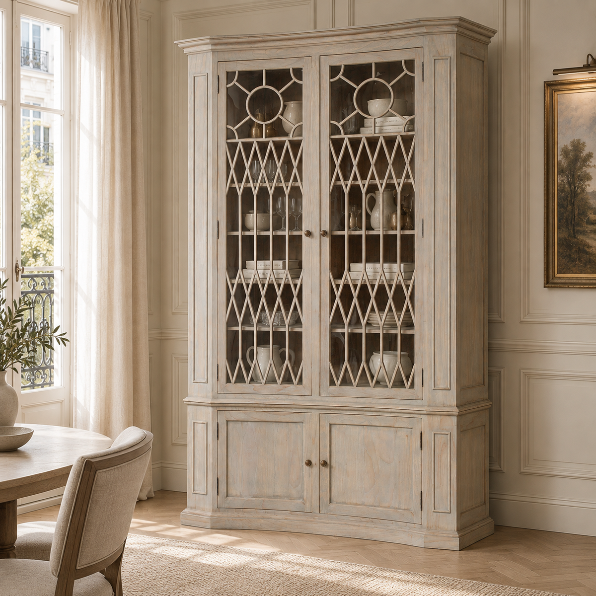 Camille 159cm white cedar display cabinet with decorative glass doors in a sunlit Parisian dining room.