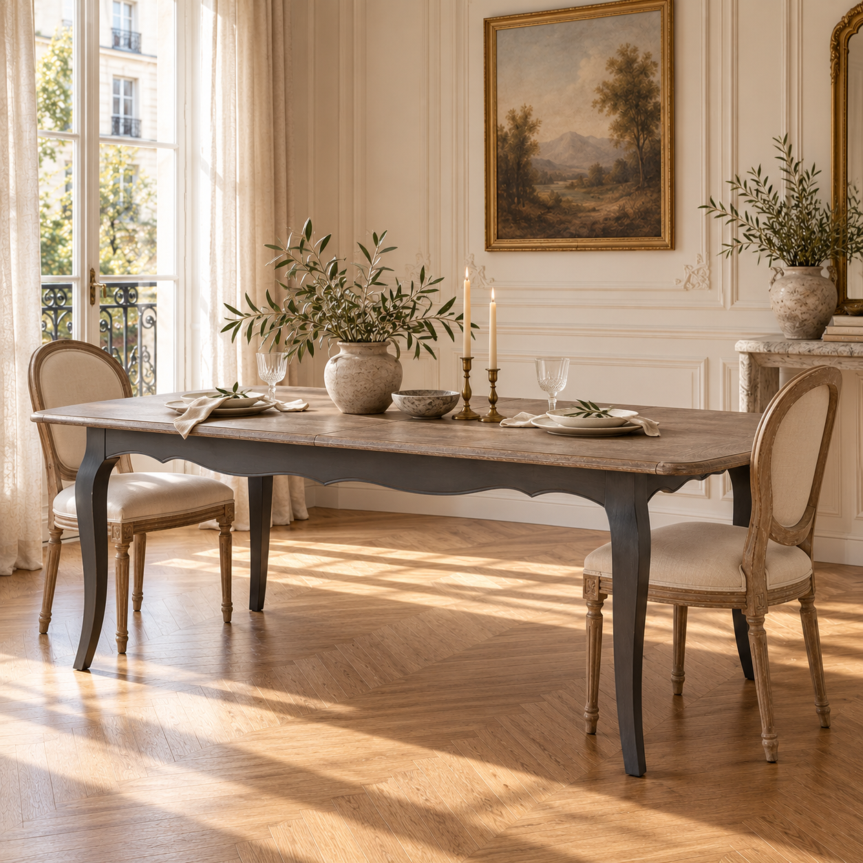 Camille grey wash extending dining table styled with chairs in a bright Parisian dining room.