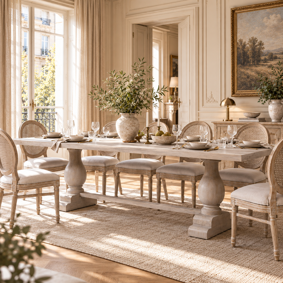 Camille 210cm mango wood dining table set for 8-10 with cane chairs in a sunlit Parisian room with large windows