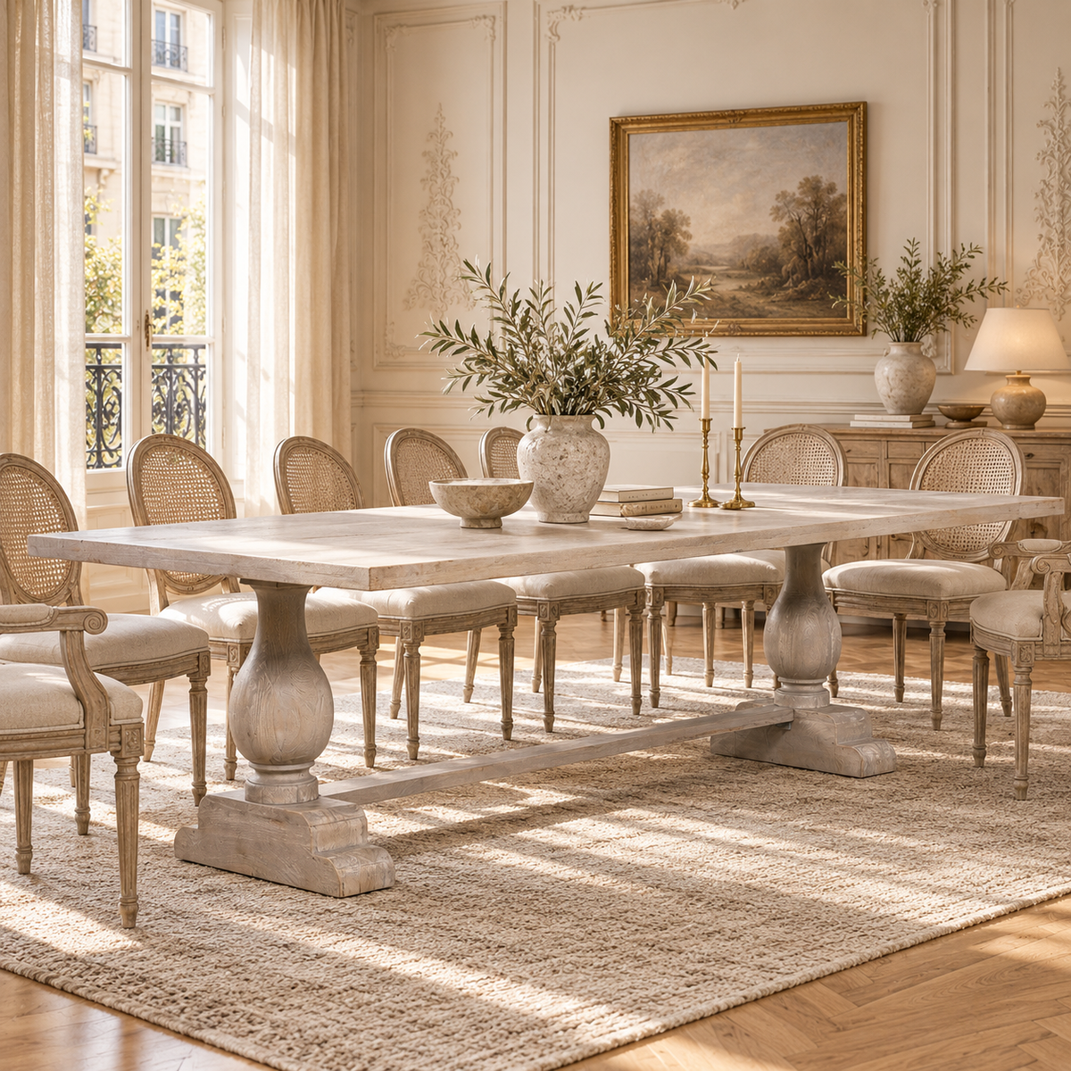 Camille 260cm bleached mango wood 10-12 seater dining table with pedestal legs in a sunlit Parisian dining room