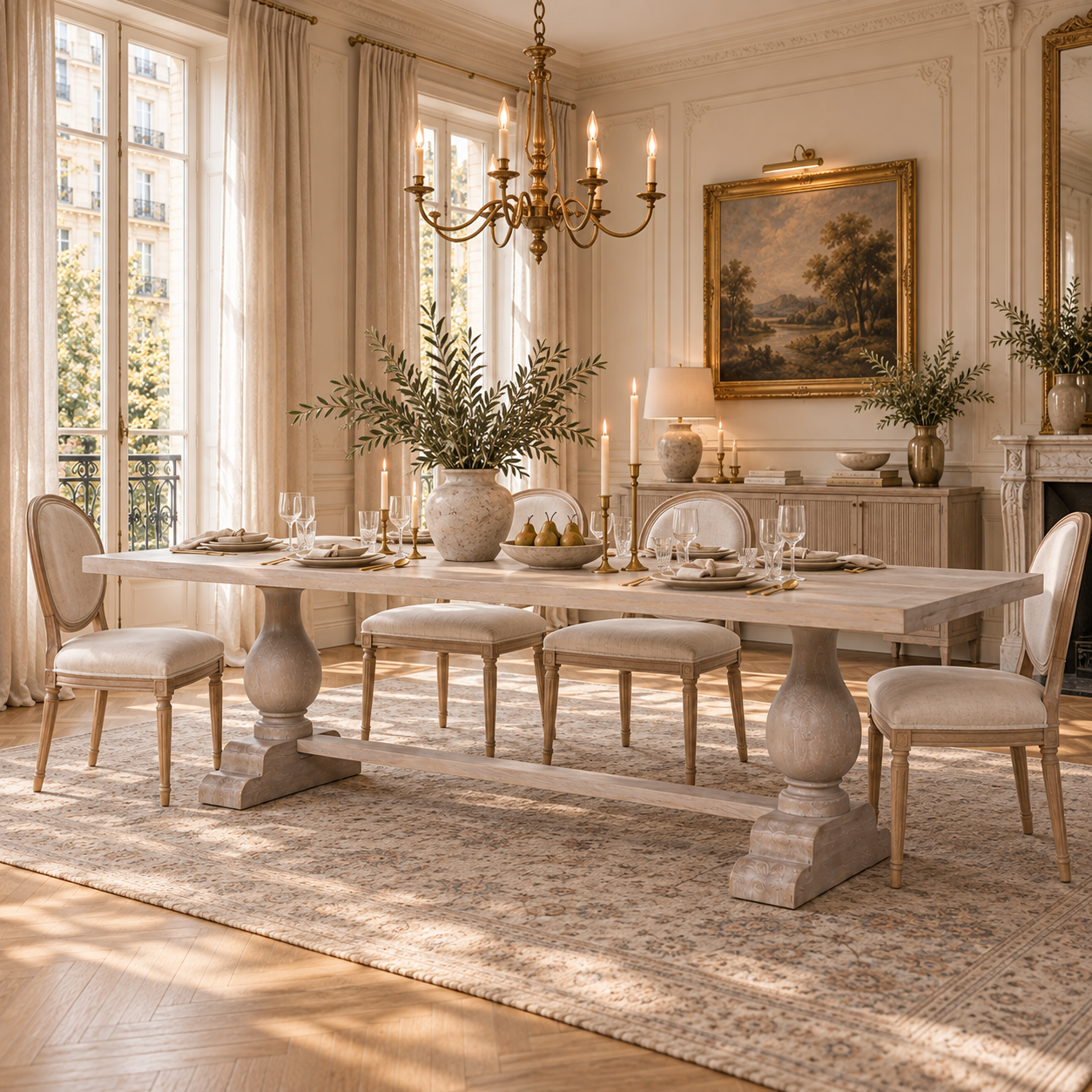 Camille 260cm rustic mango wood dining table for 10–12 in a Parisian dining room with chandelier, upholstered chairs and rug.