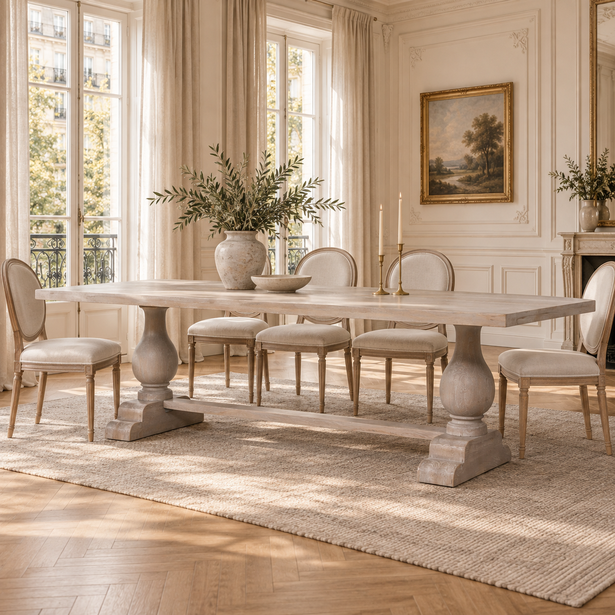 Camille 260cm rustic mango wood dining table in a sunlit Parisian dining room with upholstered chairs, rug and tall windows.