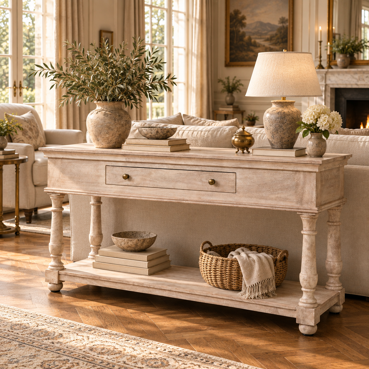 Camille acacia wood console table with drawer and lower shelf, styled with greenery and candles in a sunlit living room