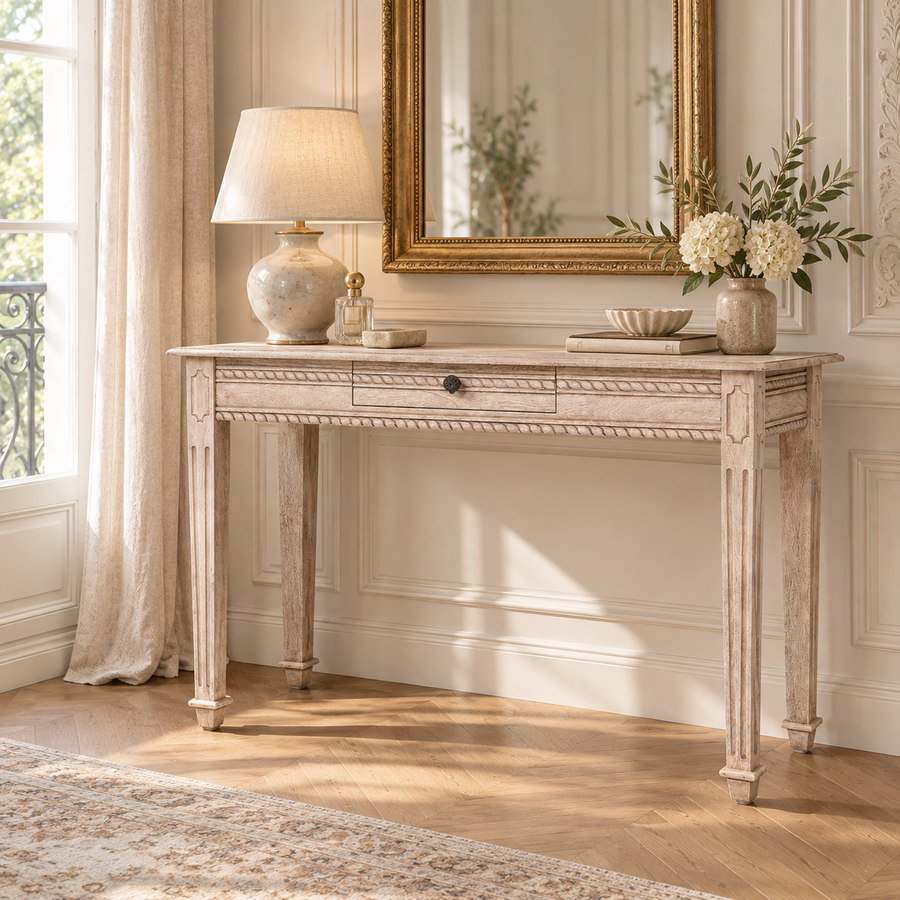 Camille Carved Acacia Wood Dressing Table with Drawer