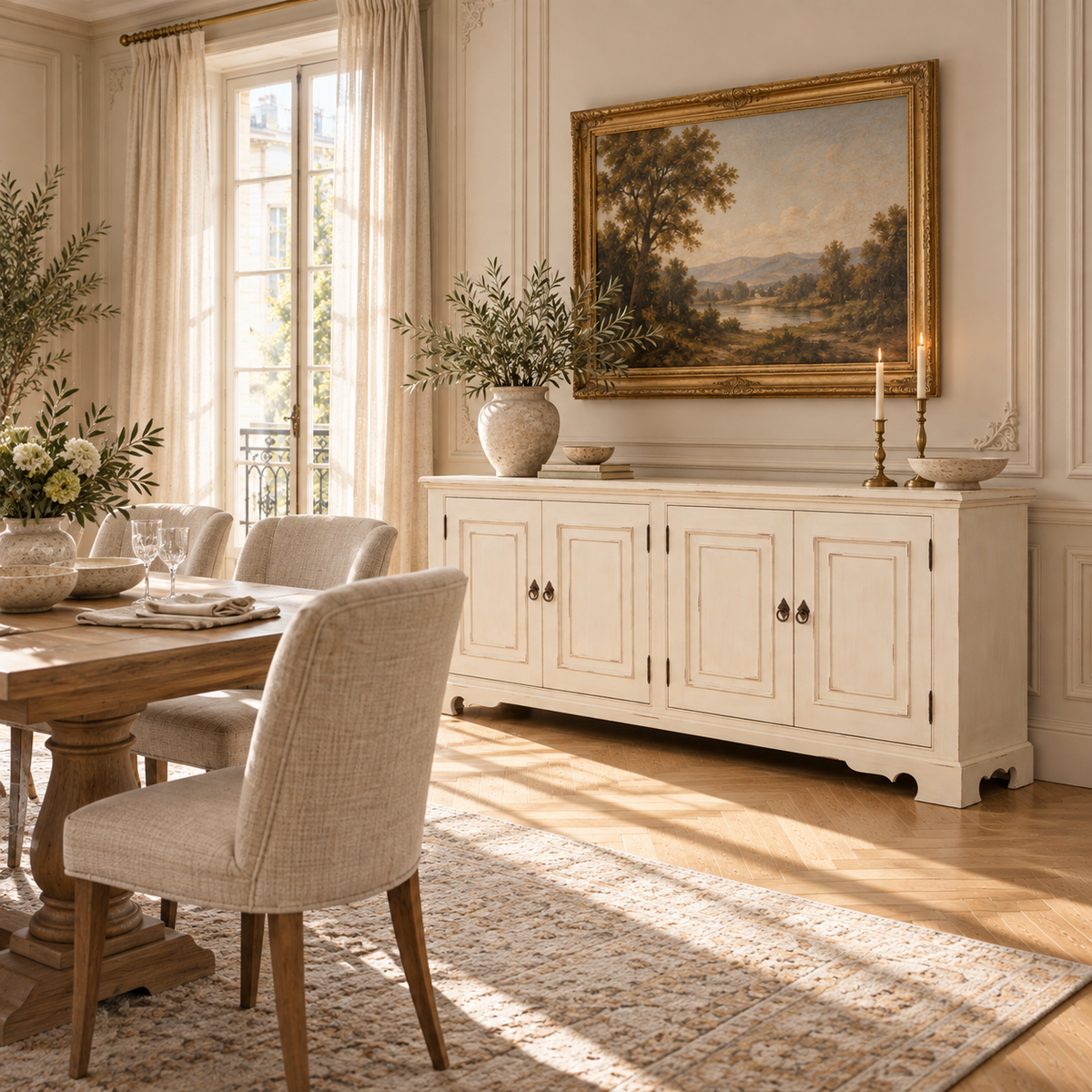 Camille four door sideboard in aged white mahogany finish beneath a landscape painting in a bright dining room.