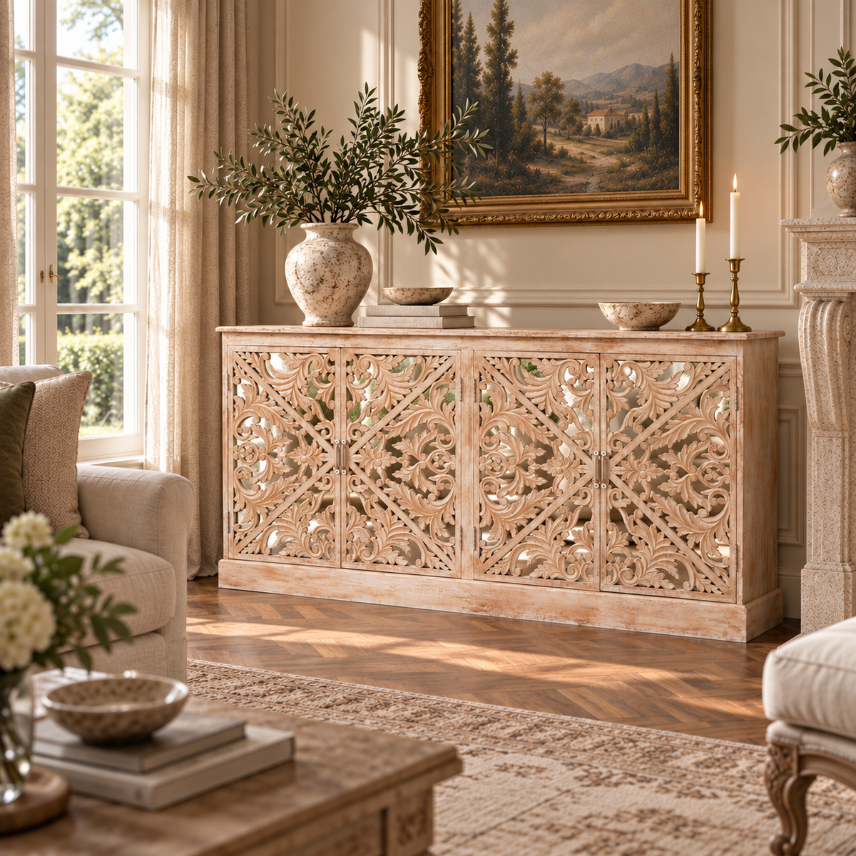 Camille carved mirrored sideboard in bleached mango wood, styled with greenery in an elegant sunlit living room