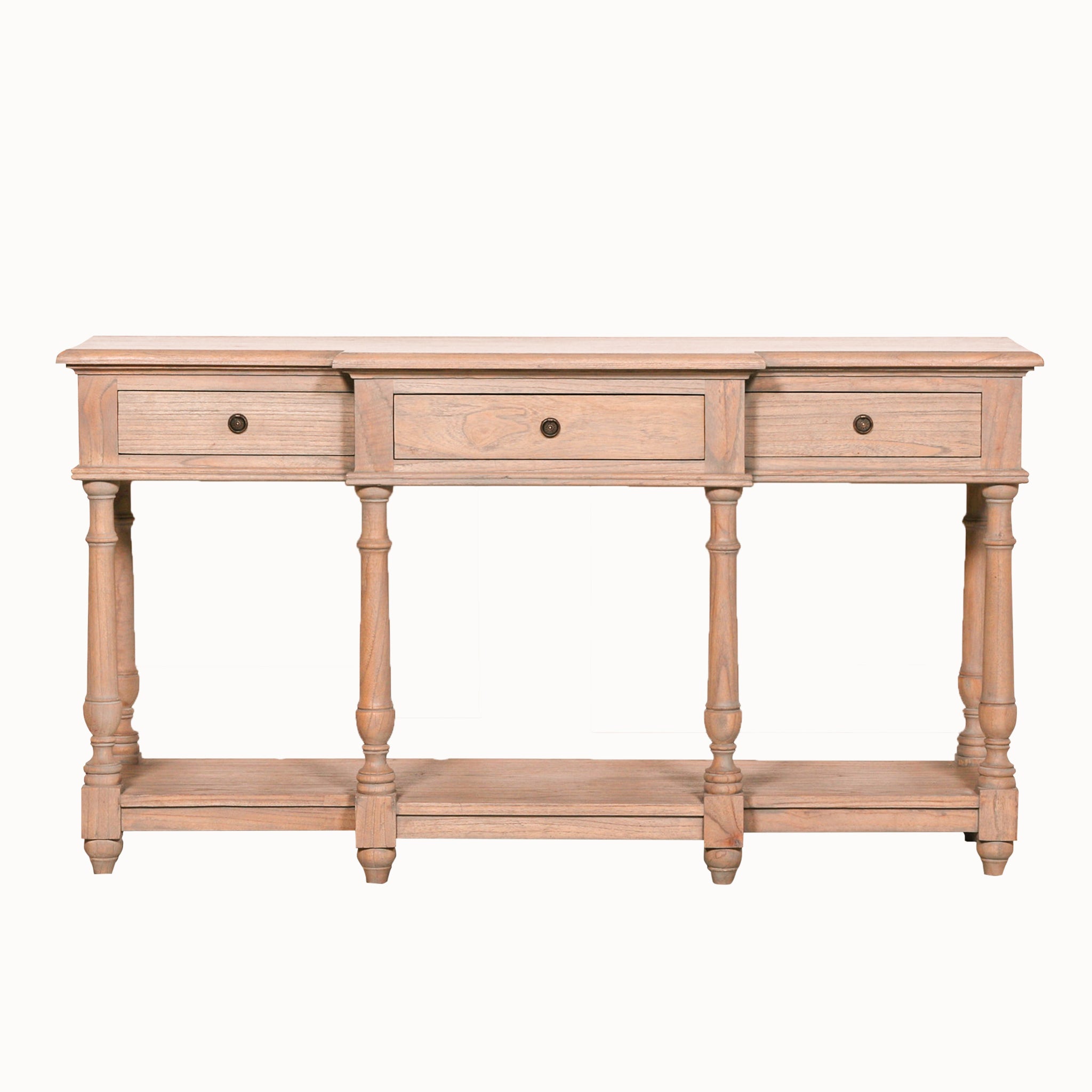Front view of the Camille Breakfront white cedar wood console table with three drawers, six turned legs and a full-width lower shelf, showcasing the rustic white cedar finish on a white background.
