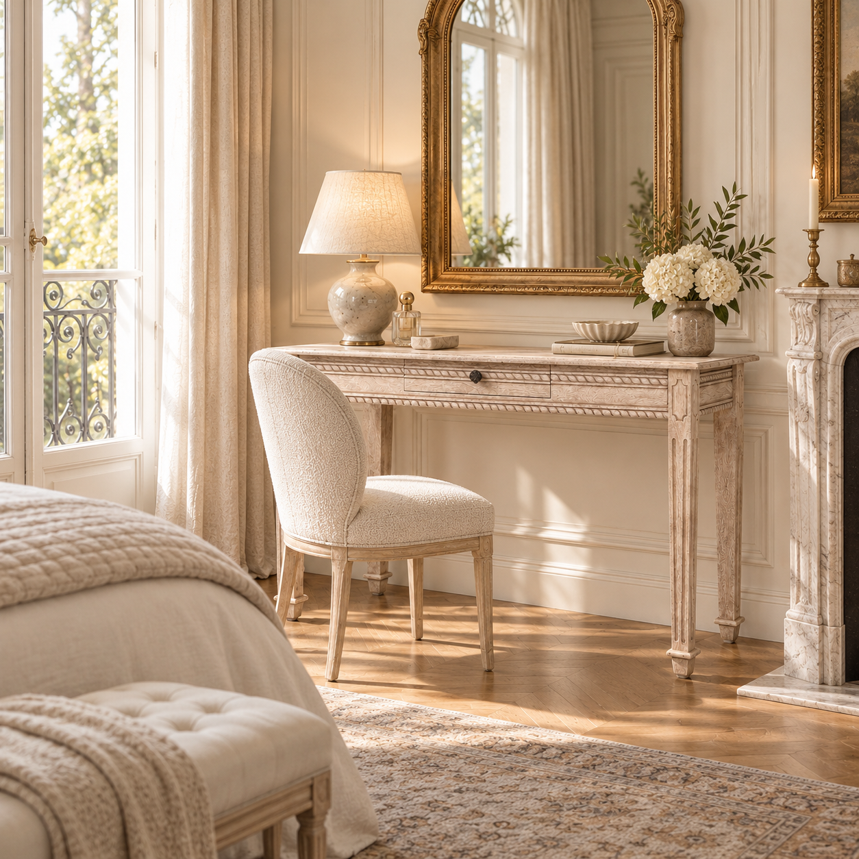 Camille carved acacia wood dressing table with drawer in a sunlit French bedroom with gold mirror and upholstered chair