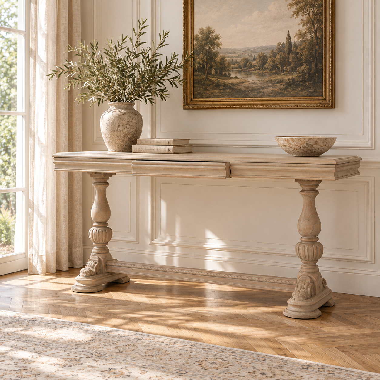 Camille carved white cedar wood console table in a sunlit classic room with artwork, greenery and cream panelling.