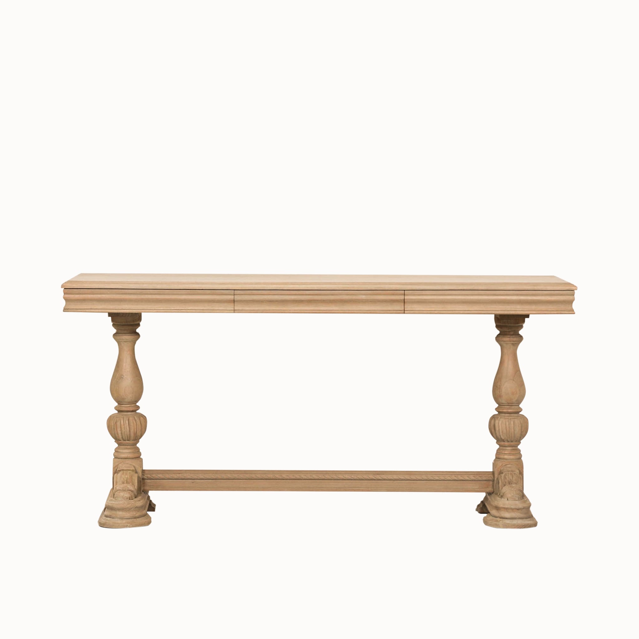 Front view of the Camille Carved White Cedar Wood Console Table with Drawer in a rustic white cedar wood finish, featuring turned carved legs, decorative stretcher base and a spacious tabletop for hallway, living room or entrance styling.