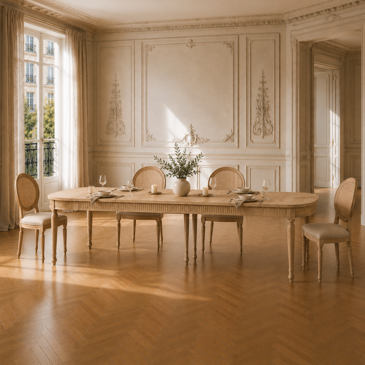 Camille extendable dining table seating 4–8 with cane chairs in a cream panelled Parisian dining room