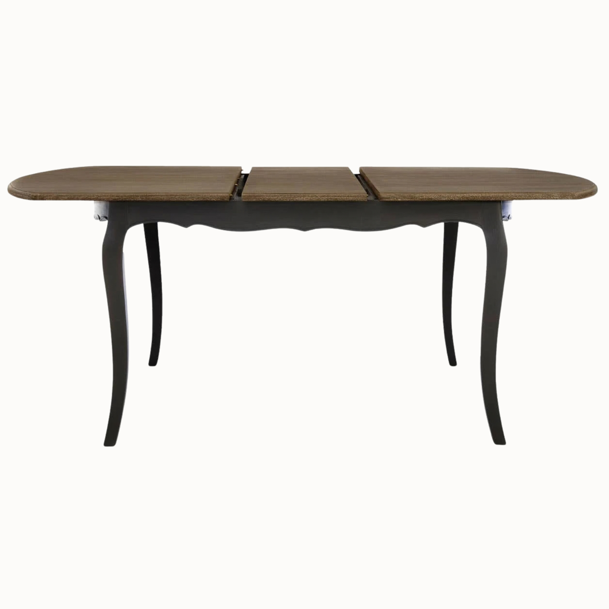 Camille extending dining table with centre leaf fitted, shown on a plain white background.