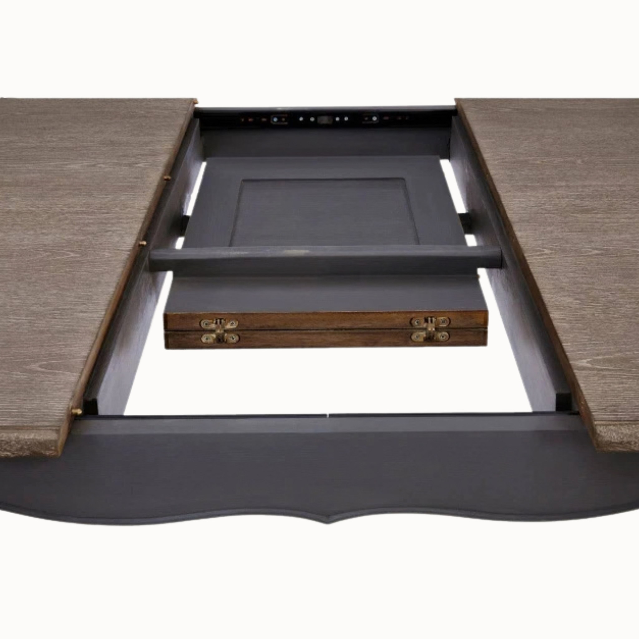 Camille extending dining table leaf joint and grey wash wood top on a plain white background.