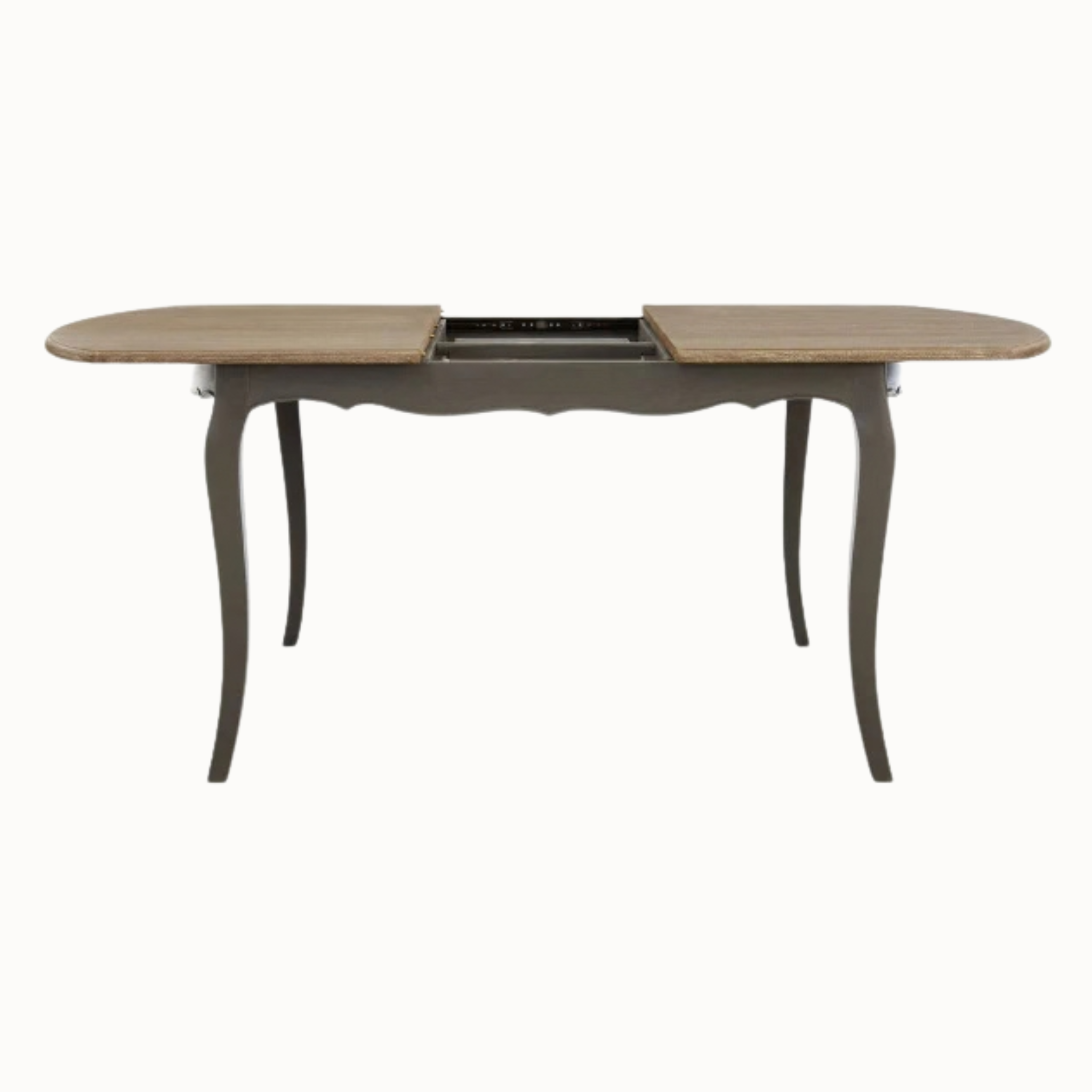 Camille extending dining table with centre gap open for leaf insertion on a plain white background.