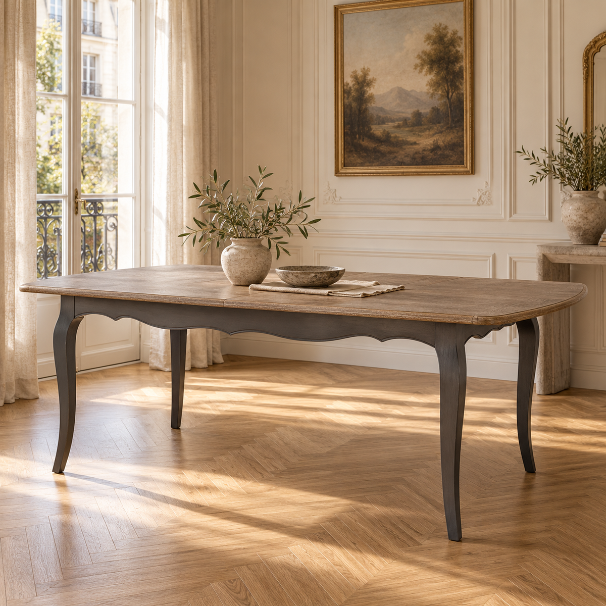 Camille extending dining table in a sunlit Parisian room with parquet floor and cream panelled walls.