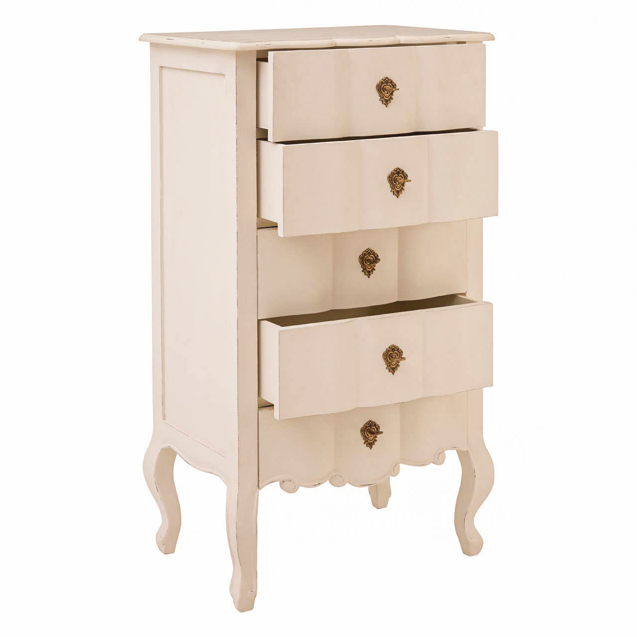 Camille white five drawer chest of drawers with multiple drawers open, showing the practical storage space, tall narrow design, ornate brass handles and elegant French-style curved legs.