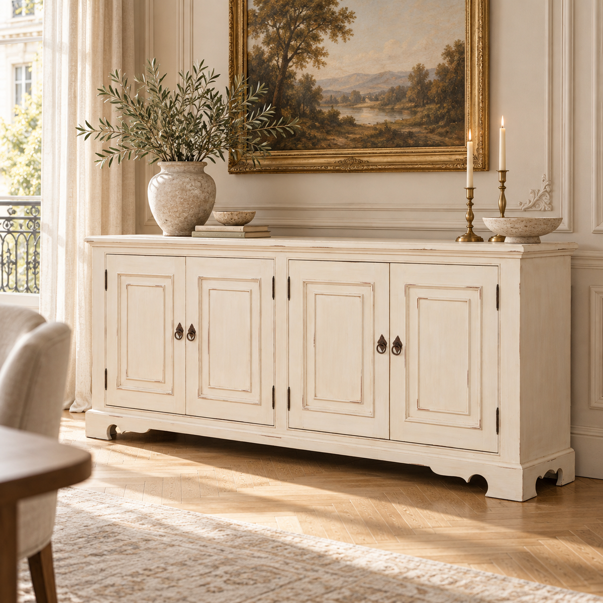 Camille aged white mahogany four door sideboard in a sunlit dining room with upholstered chairs, rug and tall windows.