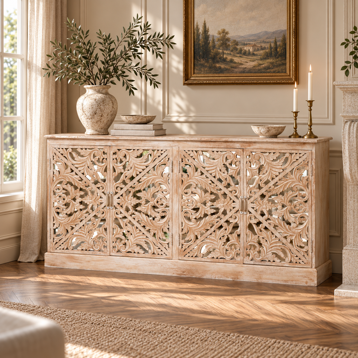 Camille four door carved mirrored sideboard in bleached mango wood, styled in a sunlit French-inspired living room