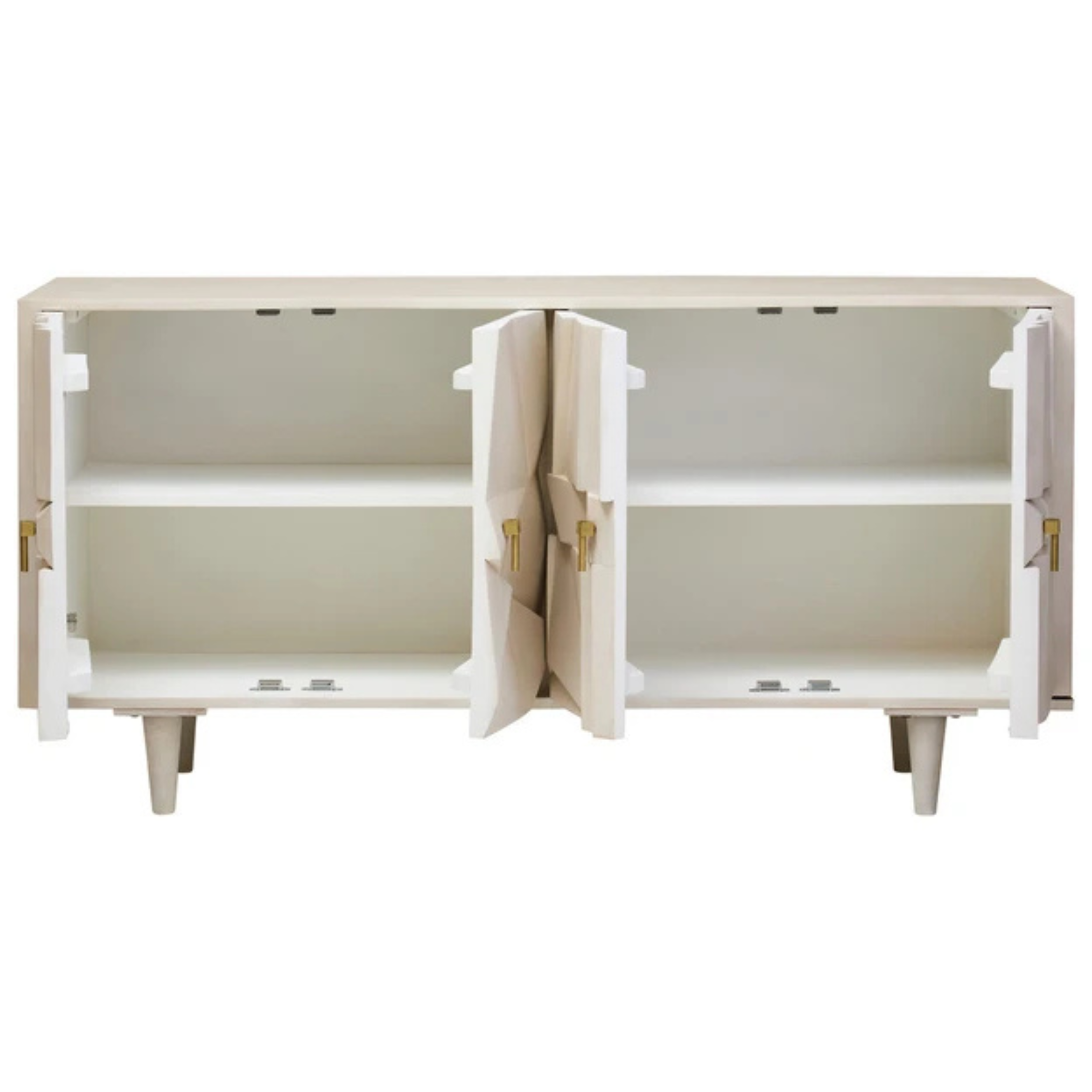 Camille whitewashed mango wood four door sideboard open to show internal storage shelves on a white background
