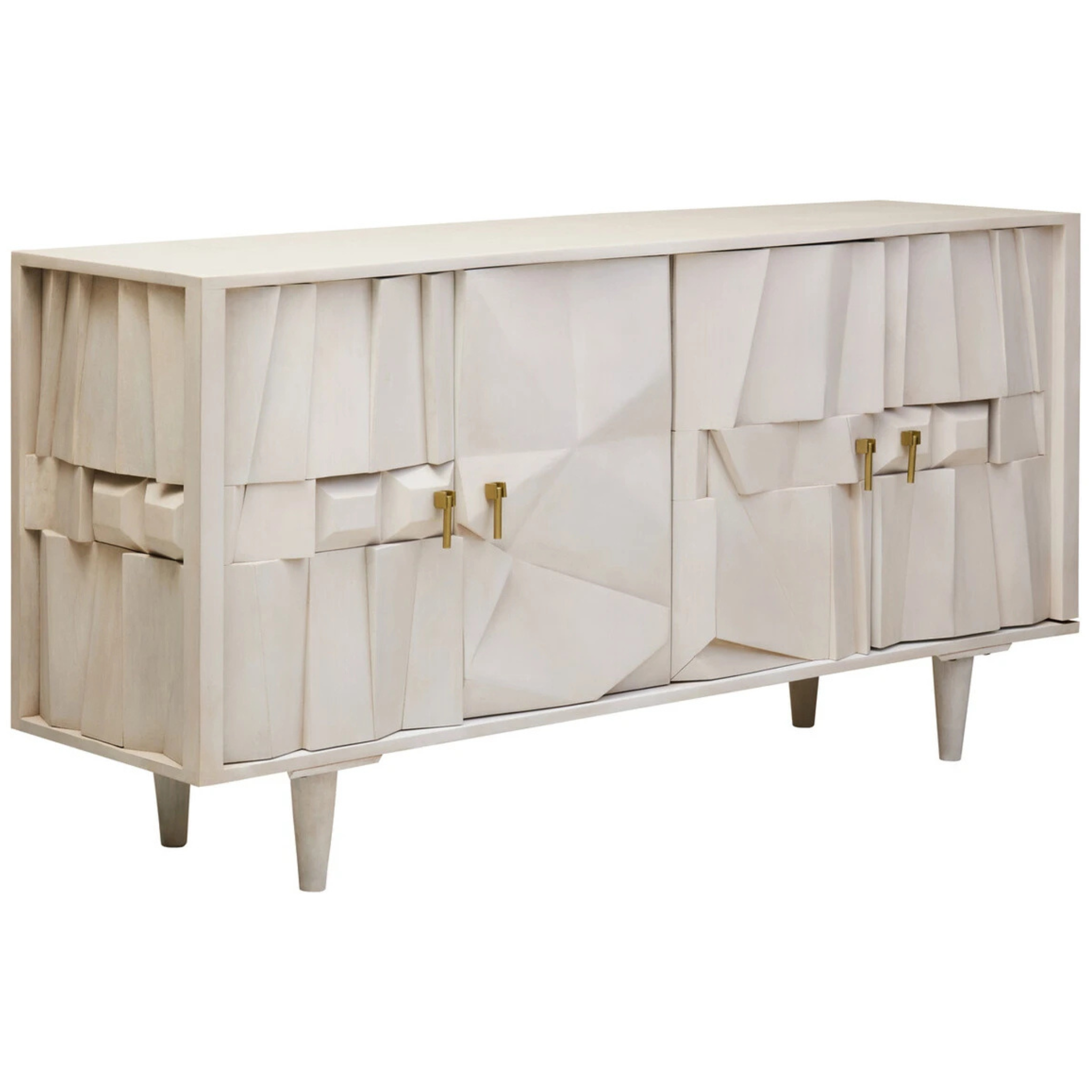 Angled view of Camille four door whitewashed mango wood sideboard with brass handles on a white background