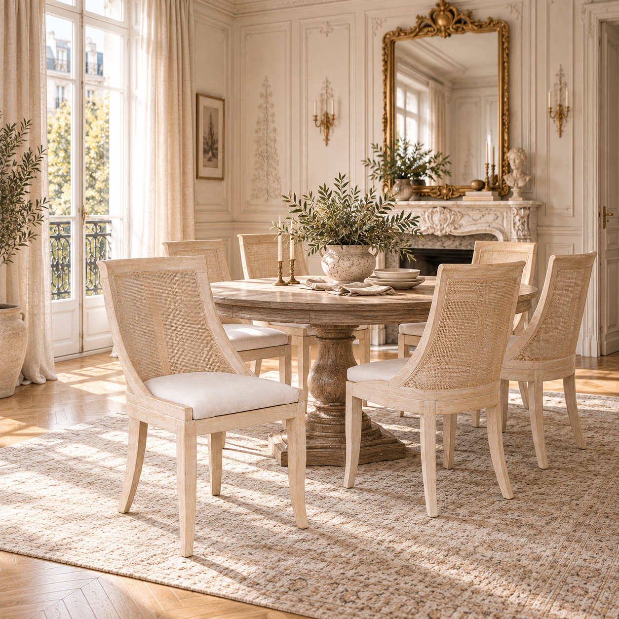 Camille French cane back dining chairs with beige linen seats, styled around a round table in an elegant Parisian dining room.