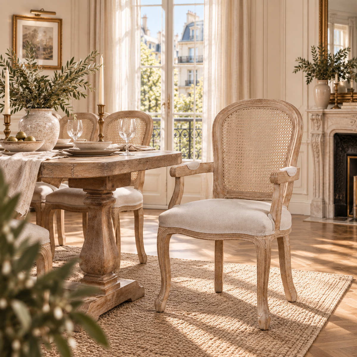 Camille cane back dining armchair beside a wood dining table in a sunlit Parisian room with fireplace and rug