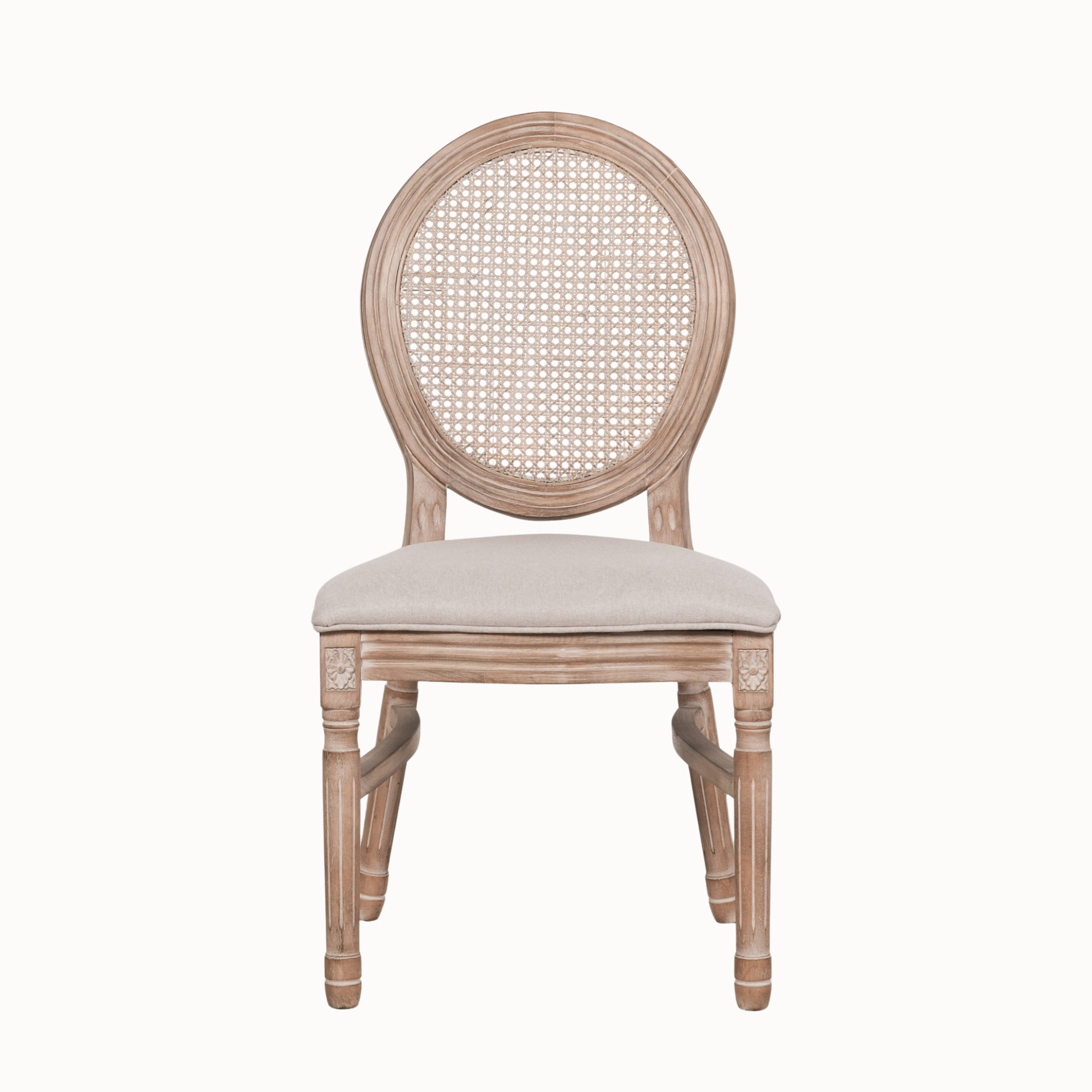 Front view of Camille French Louis dining chair with linen seat and cane back on a clean white background.