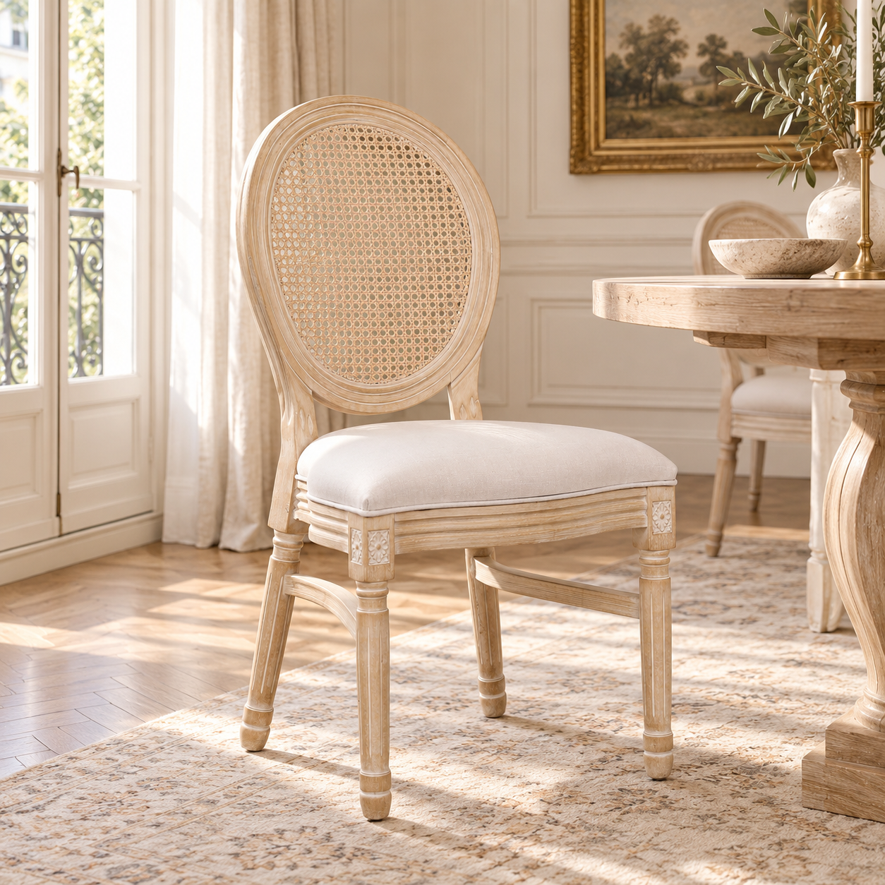 Camille linen dining chair with cane back and light washed wood frame in a sunlit Parisian-style dining room.