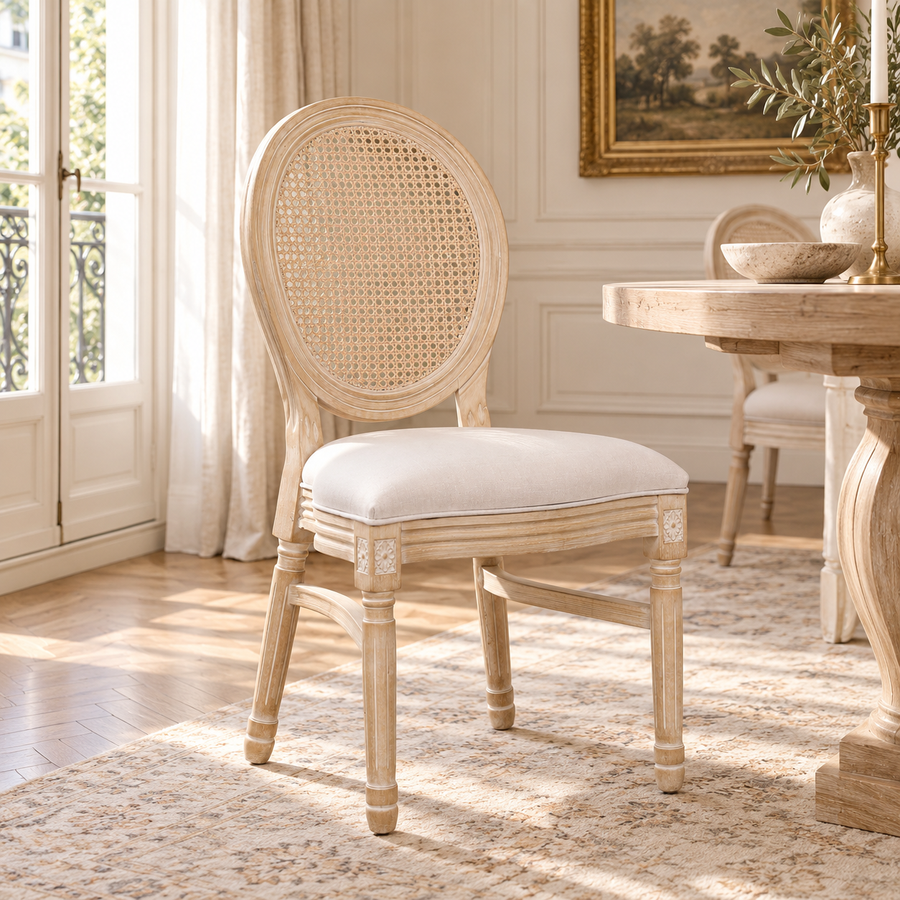 Camille French Louis Linen Upholstered Dining Chair with Light Washed Wood Frame