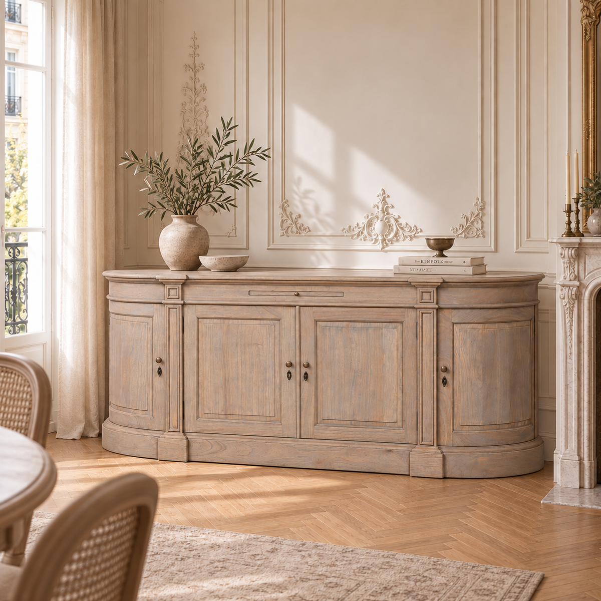 Camille French style large sideboard in rustic white cedar wood, styled in a Parisian dining room with fireplace and wood floor.