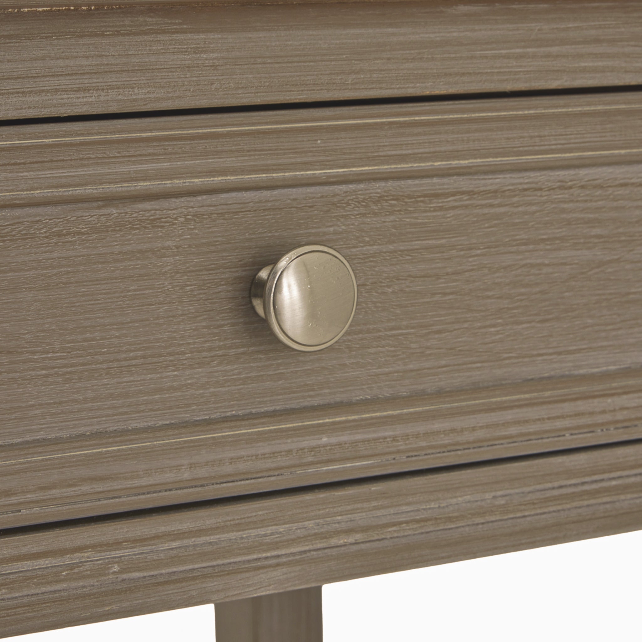 Close-up of the Camille grey wooden console table drawer featuring the brushed metal round knob, framed drawer detailing and painted wood finish, showcasing premium craftsmanship and traditional styling.