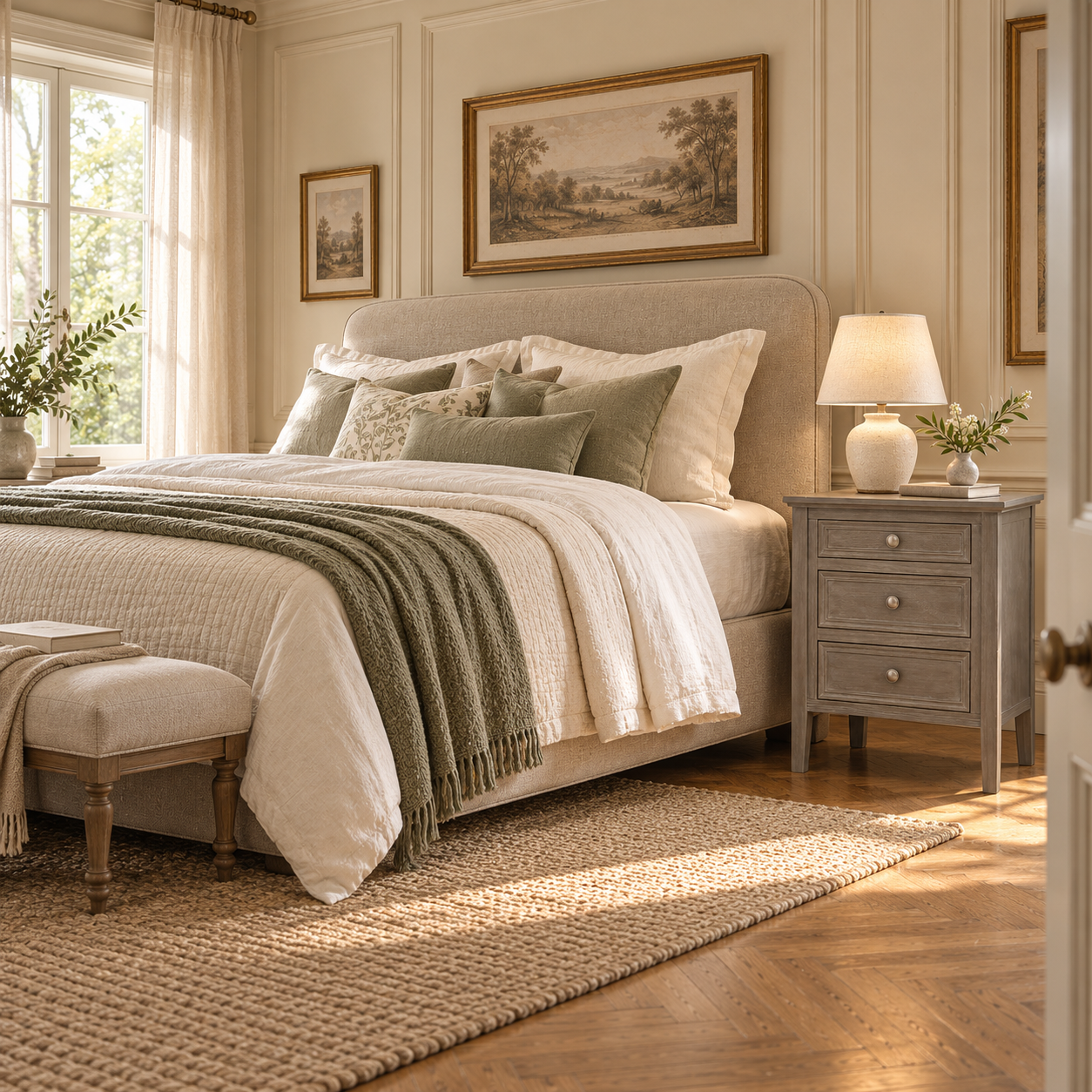 Camille grey three-drawer bedside table styled beside a bed in a warm bedroom with cream walls and framed artwork.