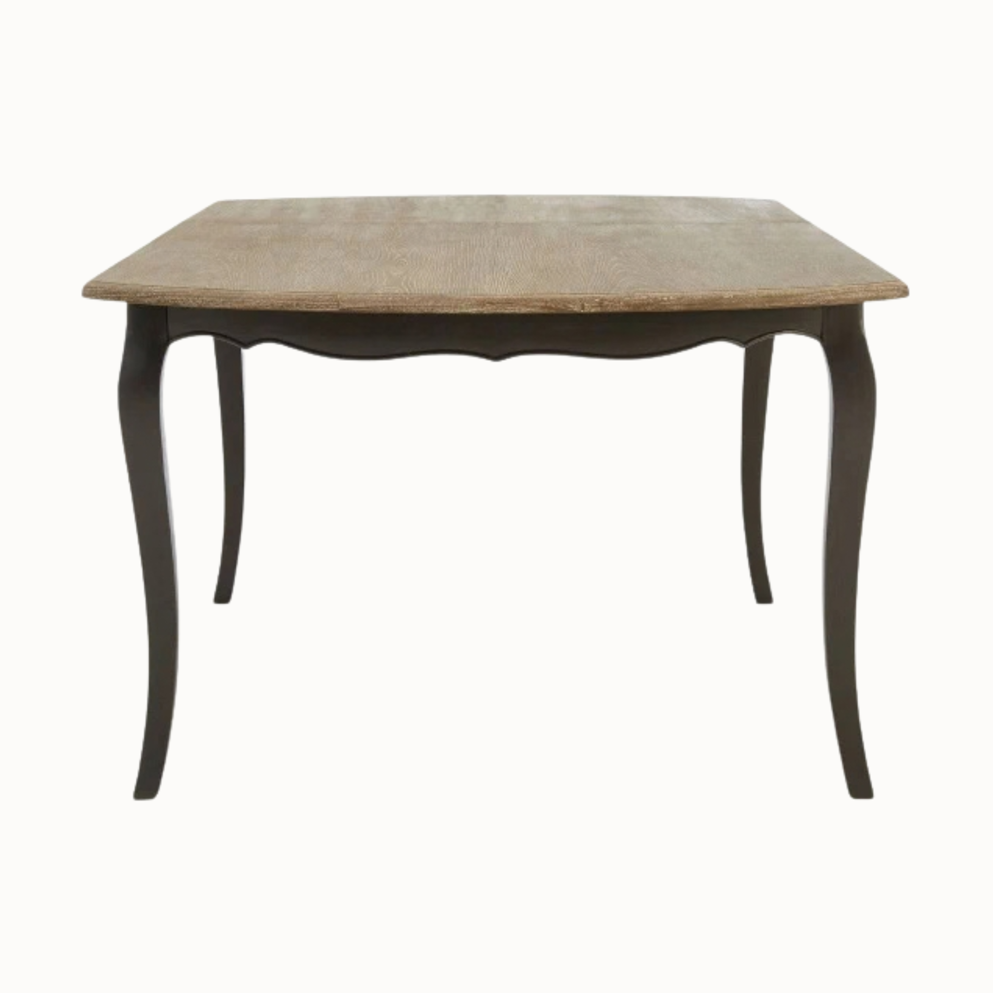 Camille grey wash dining table with cabriole legs, front view on a plain white background.