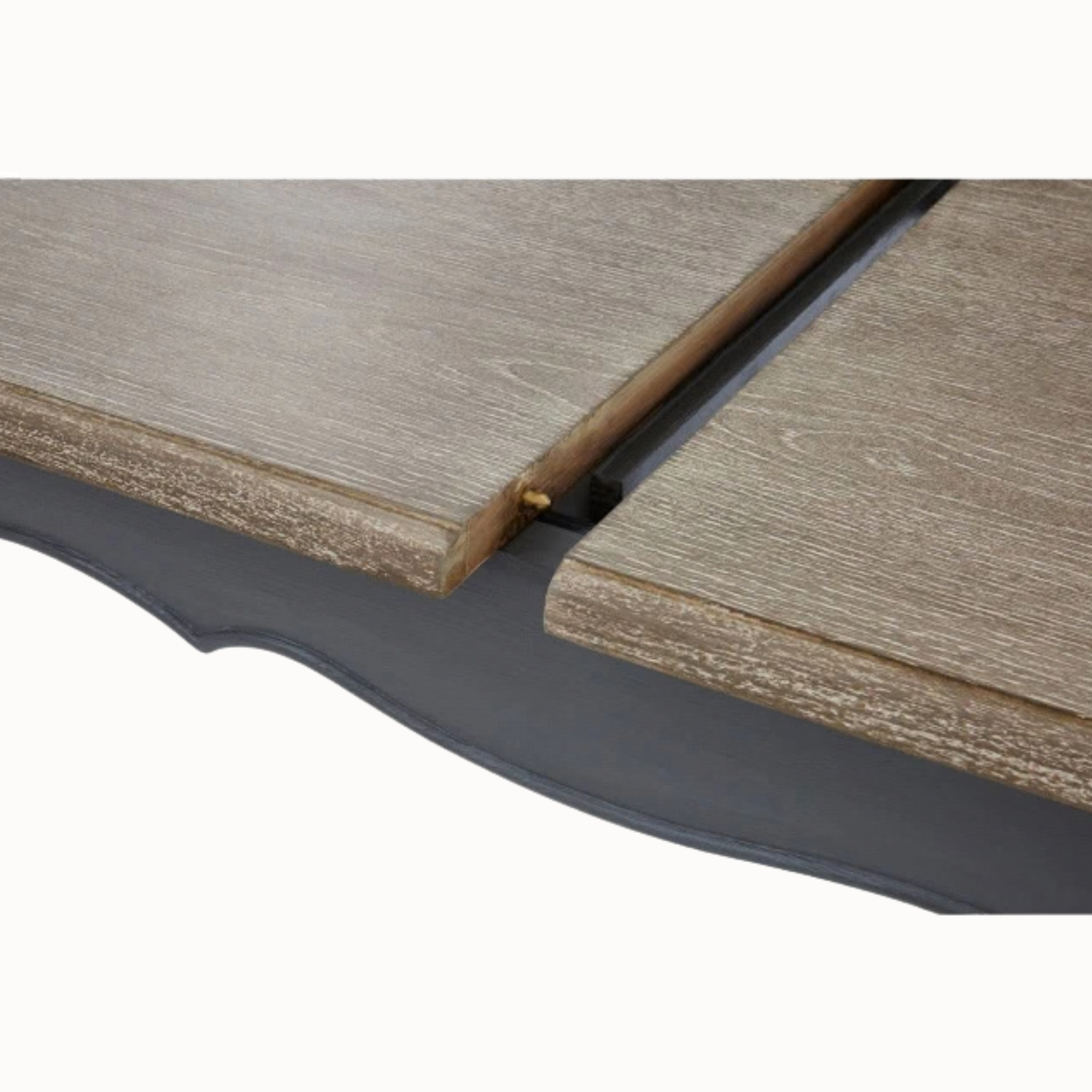 Camille grey wash dining table edge and scalloped apron detail on a plain white background.