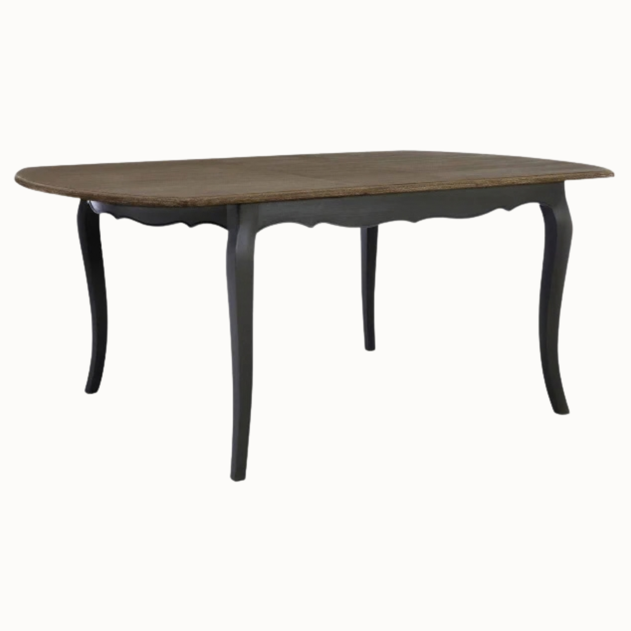 Camille grey wash dining table with cabriole legs, angled view on a plain white background.
