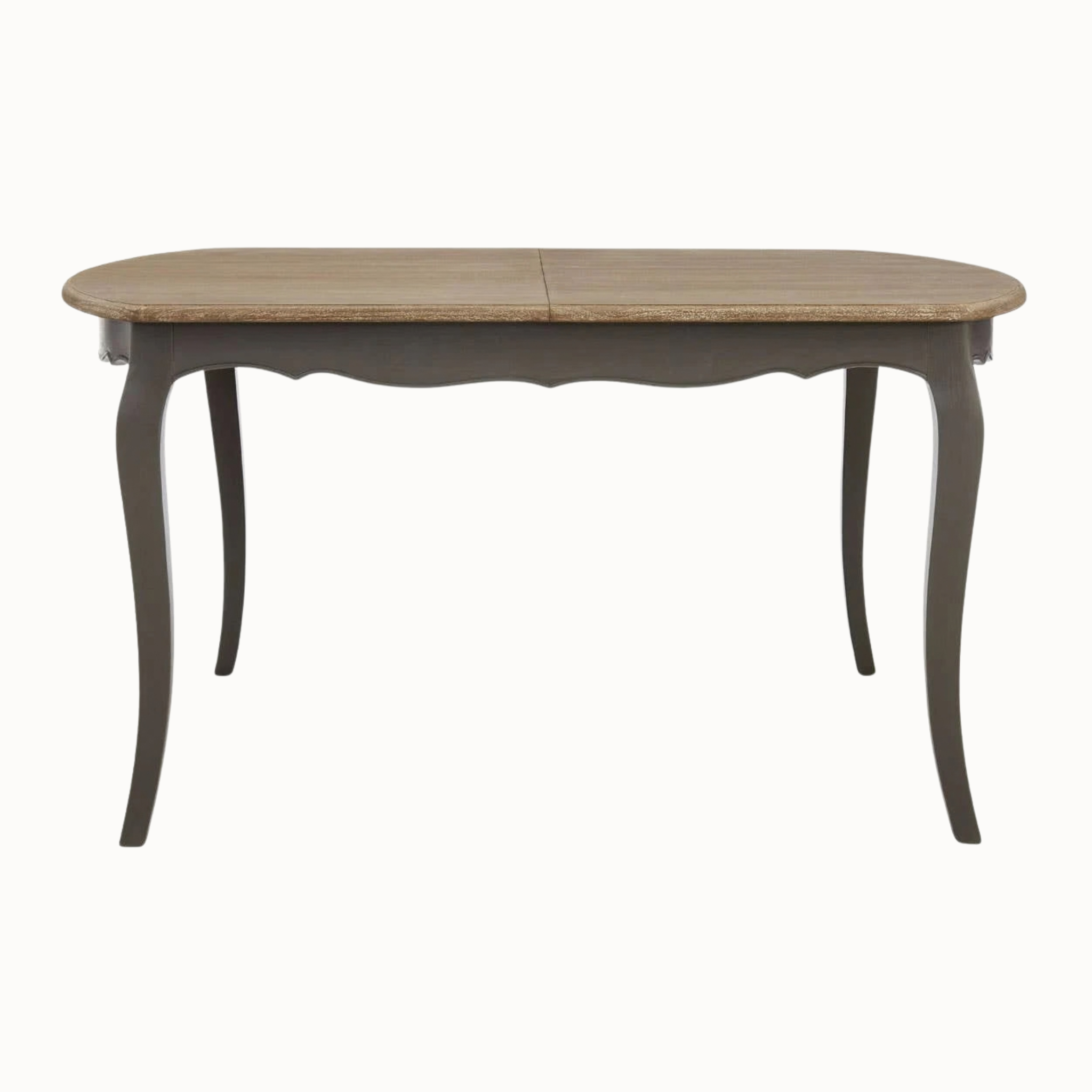 Camille grey wash extending dining table shown closed with cabriole legs on a plain white background.