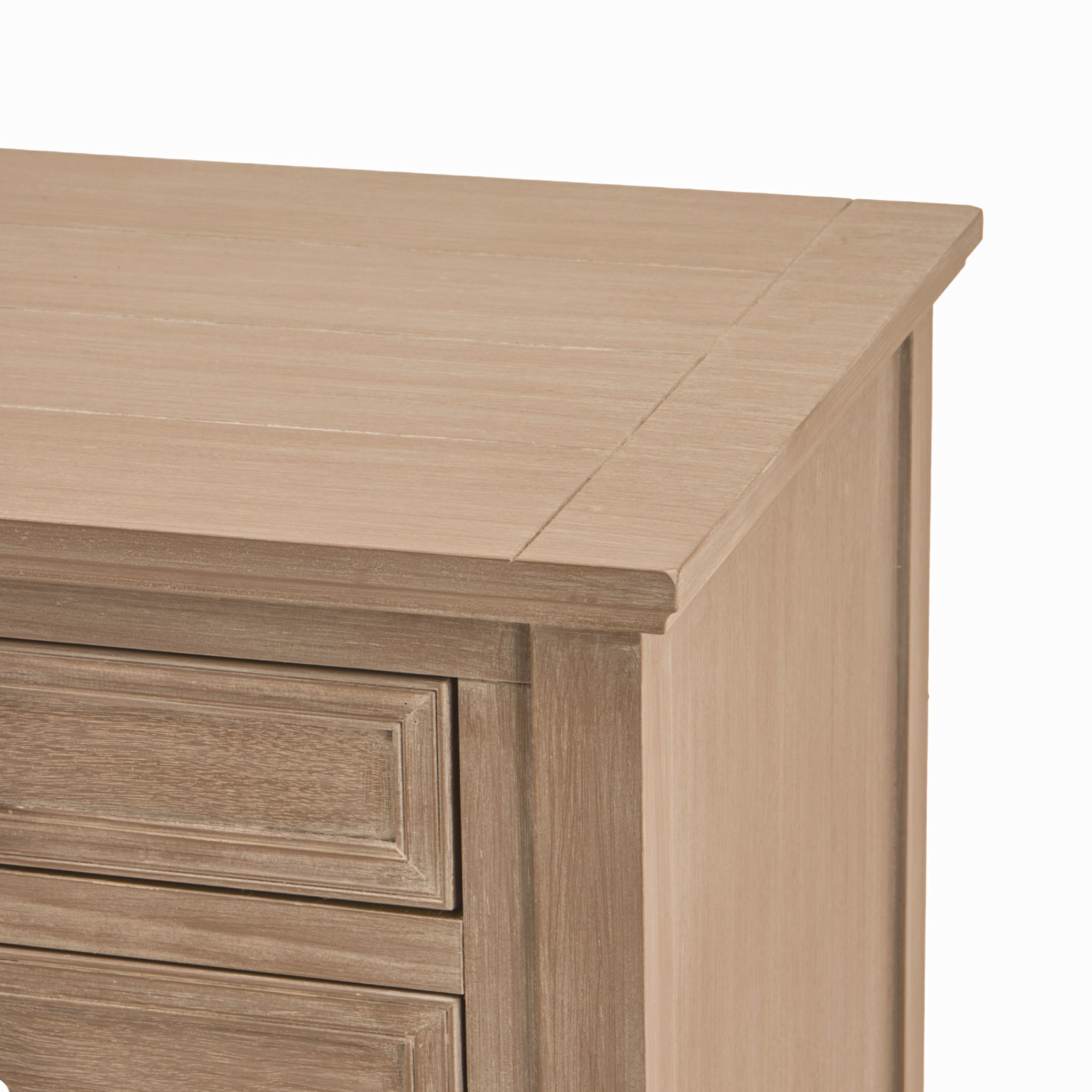 Close-up of the Camille grey wooden bedside table highlighting the painted wooden tabletop, framed drawer detailing, grey wood finish and quality craftsmanship for luxury bedroom furniture.