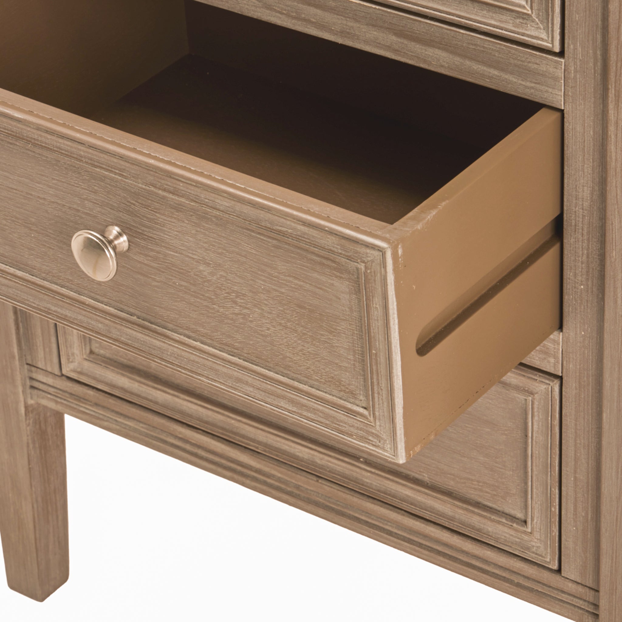 Close-up of the Camille grey wooden bedside table with drawer extended, revealing spacious drawer storage, painted wooden construction, brushed metal knob and practical bedroom organisation.