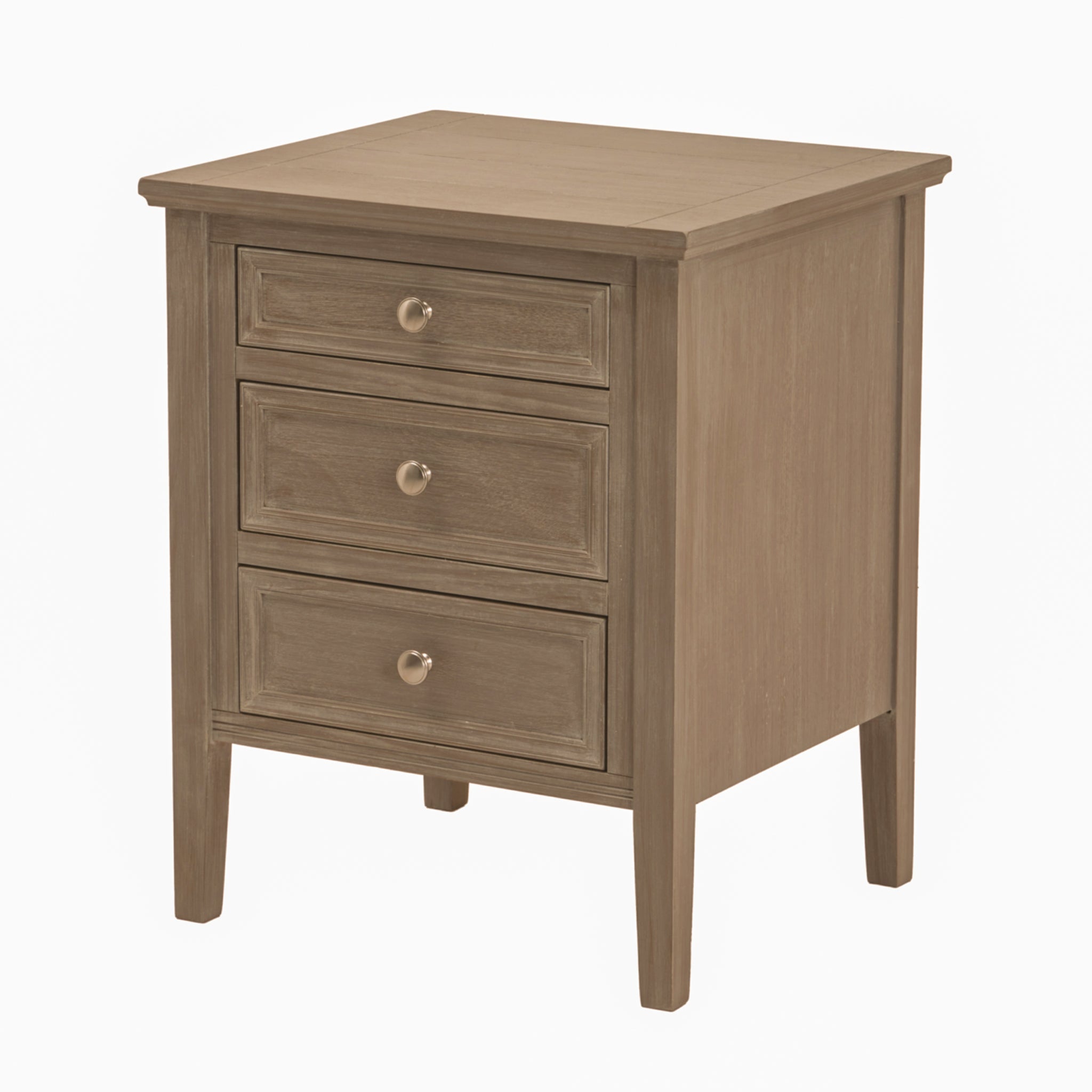 Angled view of the Camille grey wooden bedside table showcasing three deep storage drawers, solid wooden frame, painted grey finish and tapered legs, designed for elegant bedroom organisation and bedside storage.