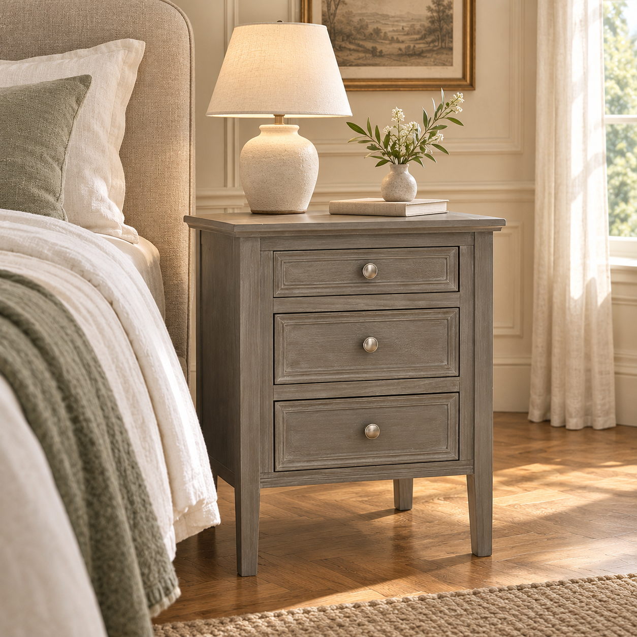 Grey wooden bedside table with three drawers beside a bed in a sunlit cream bedroom with lamp and flowers.